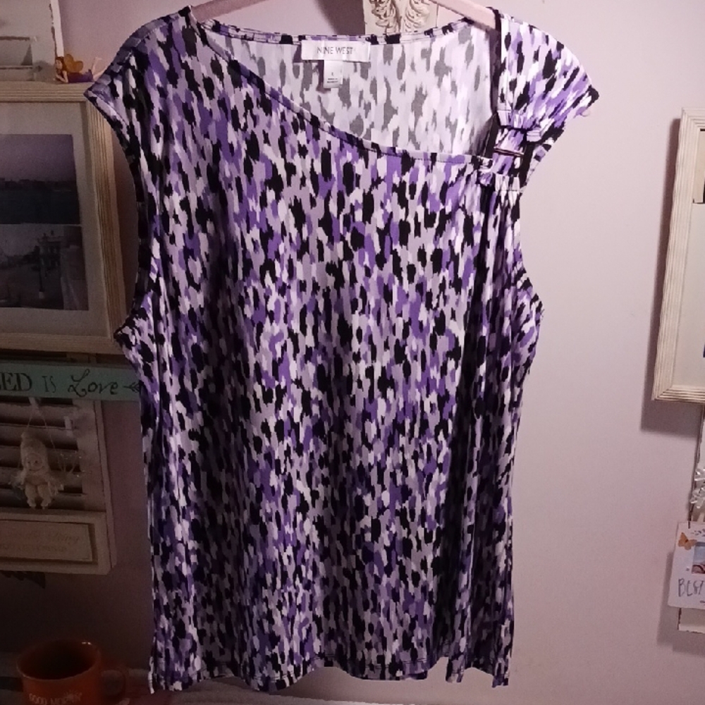 Nine West Women's Purple Patterned Top Asymetrical Neckline Silver Detail Design